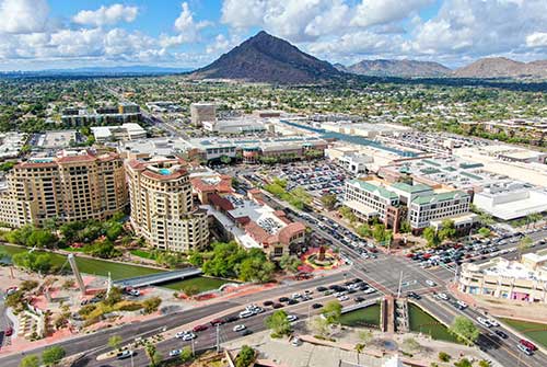 Aerial view of mega shopping mall in Scottsdale, desert city in Arizona east of state capital Phoenix